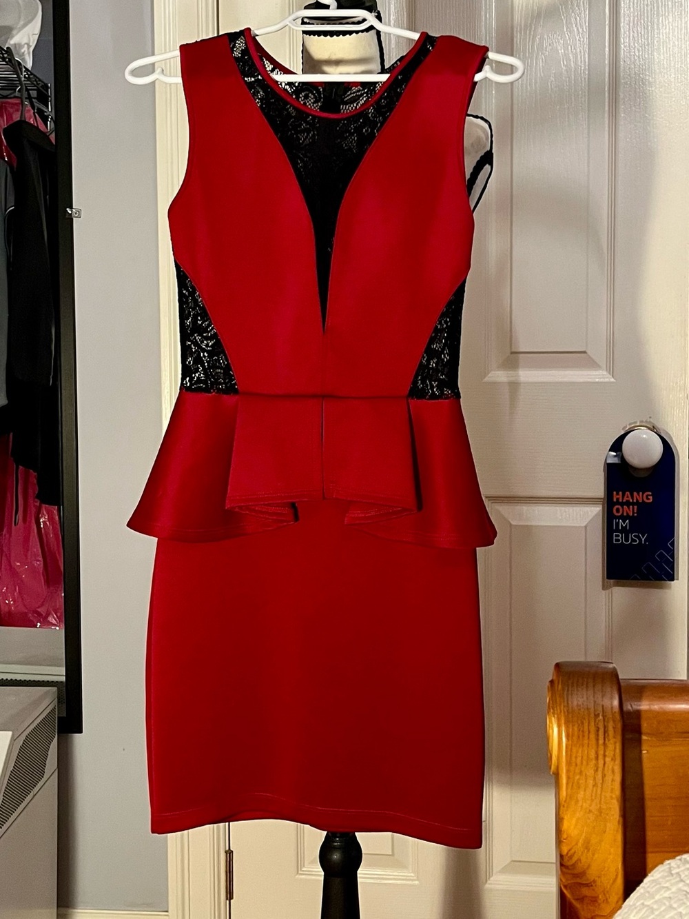 Guess Red Peplum Dress with Black Lace Insets